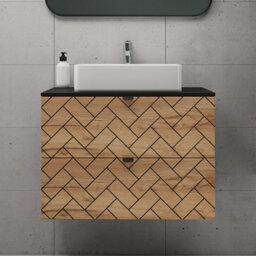 Heze Furniture Trend Herringbone Pattern Door 80Cm Bathroom Cabinet Vanity Unit With Worktop - Gold Craft Oak & Black