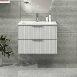 Royal Bathrooms Evora 700mm Matt White Fluted Wall Hung Bathroom Vanity Unit 2 Drawer Cabinet Storage With Stone Basin Sink - 1 Tap Hole