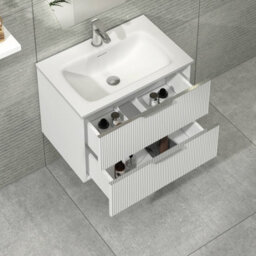 Royal Bathrooms Evora 700mm Matt White Fluted Wall Hung Bathroom Vanity Unit 2 Drawer Cabinet Storage With Stone Basin Sink - 1 Tap Hole - thumbnail 5