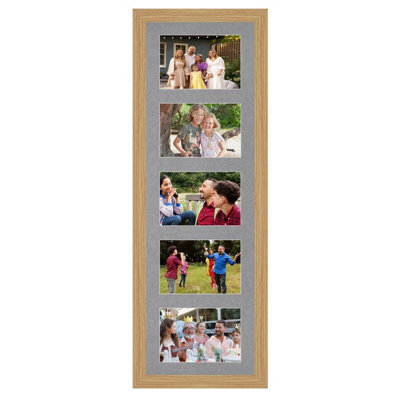 AK Frames 26X8 Light Oak Modern Multi Photo Frame With Mid Grey Mount - Holds 5 Apertures (5X) 6X4 Photos - image 1
