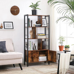 Songmics Bookshelf, Storage Shelf, Large Bookcase With Doors, 4 Shelves, Industrial, Rustic Brown And Black - thumbnail 2