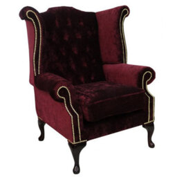 Chesterfield High Back Wing Chair Modena Bordeaux Velvet In Queen Anne Style - thumbnail 1