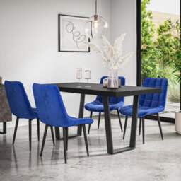 More4Homes Aria Dining Table And Chairs -  Black Table Top W Black Legs + Nova Velvet Dining Chair Set Of 4 (Blue)