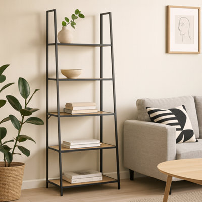 Wyld Haus El Paso Black Metal Ladder Bookcase With 5 Oak-Effect Shelves - image 1