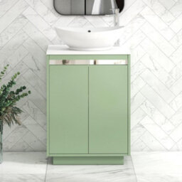 Royal Bathrooms Orion 600mm Mint Sage Floor Standing Plain White Countertop Vanity Unit 2 Door With Amaze Basin & Chrome Accent Trim - thumbnail 1