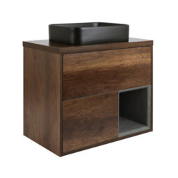Homestylestore Dark Oak 800mm Wall Hung Bathroom Vanity Unit Rectangular Countertop Graphite Basin Open Shelf - thumbnail 1