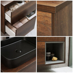 Homestylestore Dark Oak 800mm Wall Hung Bathroom Vanity Unit Rectangular Countertop Graphite Basin Open Shelf - thumbnail 2
