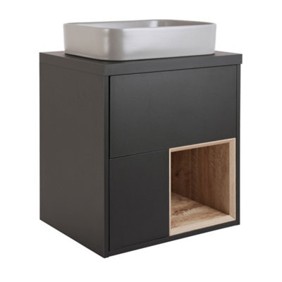 Homestylestore Black Grey 594mm Wall Hung Bathroom Vanity Unit Rectangular Pebble Countertop Basin Open Shelf - image 1