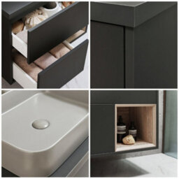 Homestylestore Black Grey 594mm Wall Hung Bathroom Vanity Unit Rectangular Pebble Countertop Basin Open Shelf - thumbnail 2