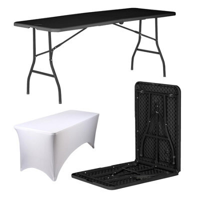 Harbour Housewares Folding Camping Picnic Table With Fitted Tablecloth - 180Cm (6Ft) - Black/white - Portable Plastic Outdoor Party Display - image 1