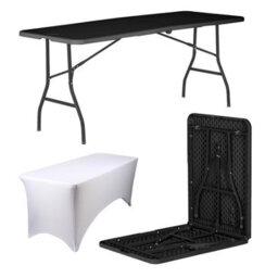 Harbour Housewares Folding Camping Picnic Table With Fitted Tablecloth - 180Cm (6Ft) - Black/white - Portable Plastic Outdoor Party Display
