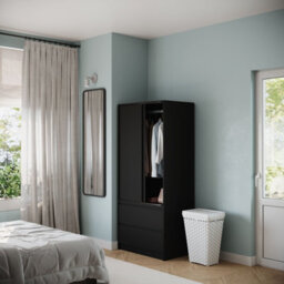 Urbn-Living Urbnliving 2 Sliding Doors Wardrobe 2 Drawer Bedroom Clothes Hanging Rail Black Carcass With Black Doors Storage Cupboard - thumbnail 1