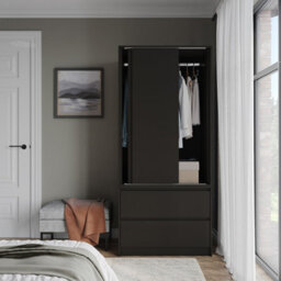 Urbn-Living Urbnliving 2 Sliding Doors Wardrobe 2 Drawer Bedroom Clothes Hanging Rail Black Carcass With Black Doors Storage Cupboard - thumbnail 3