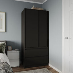 Urbn-Living Urbnliving 2 Sliding Doors Wardrobe 2 Drawer Bedroom Clothes Hanging Rail Black Carcass With Black Doors Storage Cupboard - thumbnail 2