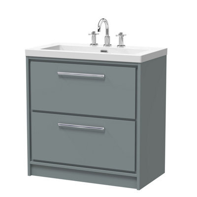 Balterley Longnor Modern Bathroom 2 Soft Close Drawer Floor Standing Vanity Unit Fireclay Basin, Coastal Grey, 800mm - image 1