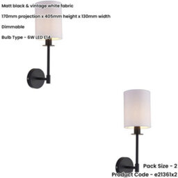 Loops 2 Pack Matt Black Dimmable Wall Light - Modern Vintage White Cylinder Fabric Shade - 6W Led E14 - thumbnail 2