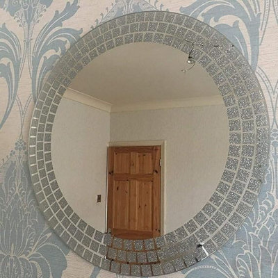 Biznest Large Round Wall Mounted Mirror Frame Less Bathroom Living Room Square Glitter Corner 50Cm - image 1