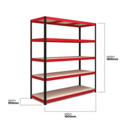 Rb Boss Garage Shelving Unit 5 Shelf Mdf Red & Black Powder Coated Steel (H)1800mm (W)1600mm (D)600mm - thumbnail 3