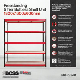 Rb Boss Garage Shelving Unit 5 Shelf Mdf Red & Black Powder Coated Steel (H)1800mm (W)1600mm (D)600mm - thumbnail 7