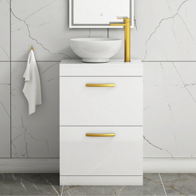 Royal Bathrooms 600mm Floor Standing Vanity Unit 2 Drawer Gloss White & Countertop Basin - Breeze With Brushed Brass Handle - image 1