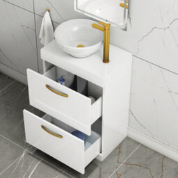 Royal Bathrooms 600mm Floor Standing Vanity Unit 2 Drawer Gloss White & Countertop Basin - Breeze With Brushed Brass Handle - thumbnail 3