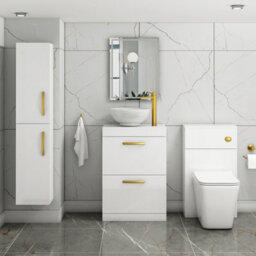 Royal Bathrooms 600mm Floor Standing Vanity Unit 2 Drawer Gloss White & Countertop Basin - Breeze With Brushed Brass Handle - thumbnail 2