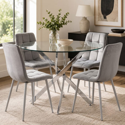 Oira Homes Round Glass Dining Table Set With 4 Grey Velvet Chairs 4 Seater Kitchen And Dining Room Set - image 1