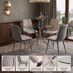 Oira Homes Round Glass Dining Table Set With 4 Grey Velvet Chairs 4 Seater Kitchen And Dining Room Set - thumbnail 8