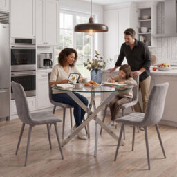 Oira Homes Round Glass Dining Table Set With 4 Grey Velvet Chairs 4 Seater Kitchen And Dining Room Set - thumbnail 7