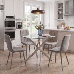 Oira Homes Round Glass Dining Table Set With 4 Grey Velvet Chairs 4 Seater Kitchen And Dining Room Set - thumbnail 2