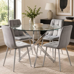 Oira Homes Round Glass Dining Table Set With 4 Grey Velvet Chairs 4 Seater Kitchen And Dining Room Set - thumbnail 1