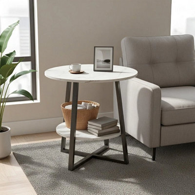 Round 2 Tier Coffee Table Side Table With Shelf Marble Effect Top Table Home - image 1