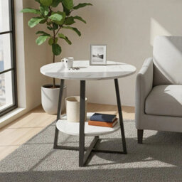 Round 2 Tier Coffee Table Side Table With Shelf Marble Effect Top Table Home - thumbnail 3