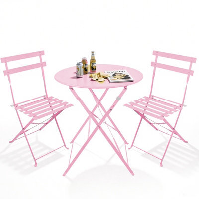Mof 3-Piece Folding Bistro Set, Outdoor Garden Metal Table And Chairs, Powder-Coated Steel, 4 Colours Available (Pink) - image 1
