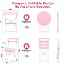Mof 3-Piece Folding Bistro Set, Outdoor Garden Metal Table And Chairs, Powder-Coated Steel, 4 Colours Available (Pink) - thumbnail 3