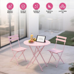 Mof 3-Piece Folding Bistro Set, Outdoor Garden Metal Table And Chairs, Powder-Coated Steel, 4 Colours Available (Pink) - thumbnail 2
