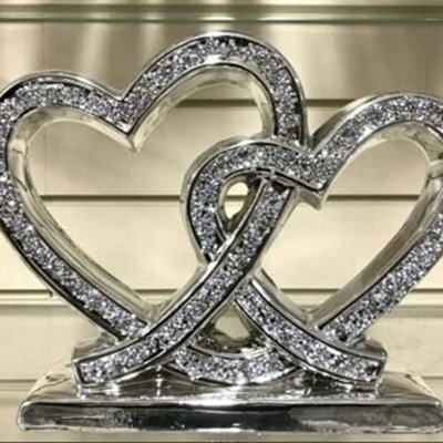 Biznest Crushed Diamond Double Heart Square Base Beautiful Decorative Shelf Ornament Sparkle Bling