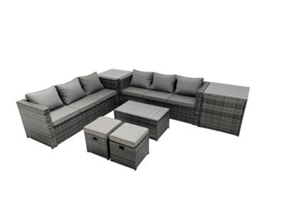 Fimous Rattan Garden Furniture Dining Set 8-Seater Patio Coffee Table Sofa Set With Side Table 2 Small Footstools Dark Grey Mixed - image 1