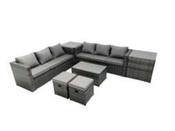 Fimous Rattan Garden Furniture Dining Set 8-Seater Patio Coffee Table Sofa Set With Side Table 2 Small Footstools Dark Grey Mixed - thumbnail 2