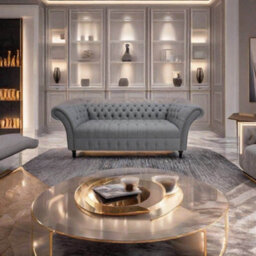Chesterfield 3 Seater Buttoned Seat Grampian Steel Grey Fabric Sofa In Balmoral Style - thumbnail 3