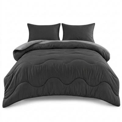 Charcoal Black 10.5 Tog Coverless Duvet Set With Pillowcases Reversible Microfibre Bedding Modern Wave Pattern Lightweight - image 1
