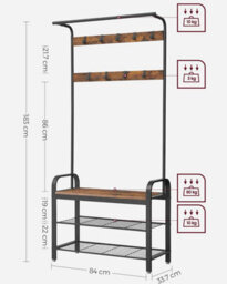 Songmics Coat Rack, Coat Stand With Shoe Storage Bench, 4-In-1 Design, With Hooks, Clothes Rail, Industrial, Rustic Brown & Black - thumbnail 2