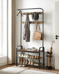 Coat Rack, Coat Stand With Shoe Storage Bench, 4-In-1 Design, With Hooks, Clothes Rail, Industrial, Rustic Brown & Black