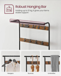 Songmics Coat Rack, Coat Stand With Shoe Storage Bench, 4-In-1 Design, With Hooks, Clothes Rail, Industrial, Rustic Brown & Black - thumbnail 4