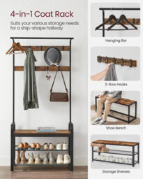 Songmics Coat Rack, Coat Stand With Shoe Storage Bench, 4-In-1 Design, With Hooks, Clothes Rail, Industrial, Rustic Brown & Black - thumbnail 3