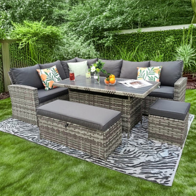 Rosen 9 Seater Grey Rattan Garden Dining Set With Storage Bench And Stool - image 1