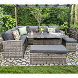 Rosen 9 Seater Grey Rattan Garden Dining Set With Storage Bench And Stool - thumbnail 2