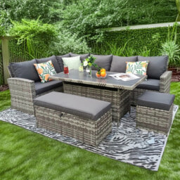 Rosen 9 Seater Grey Rattan Garden Dining Set With Storage Bench And Stool