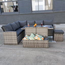 Rosen 9 Seater Grey Rattan Garden Dining Set With Storage Bench And Stool - thumbnail 6