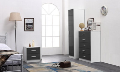 Reflect 1 Door Plain Wardrobe, 5 Drawer Chest, 2 Drawer Bedside - Grey Gloss & Matt White - Bedroom Furniture Set - image 1